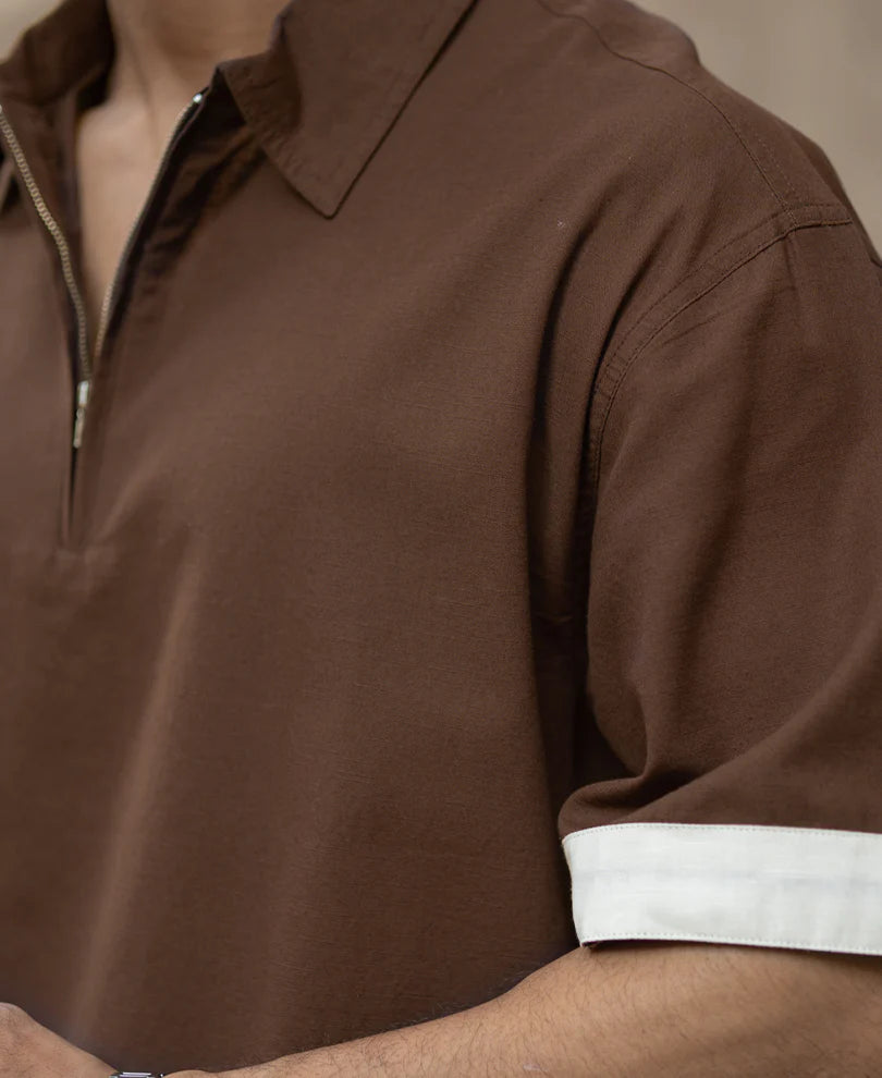 Powerlook Dark Brown Boxy Fit Zipper Shirt  Cotton