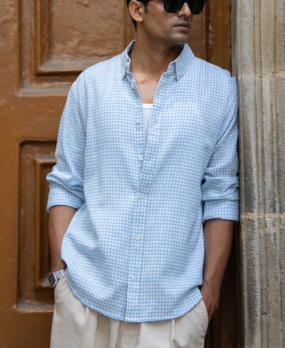 Powerlook Light Blue Micro Checks Shirt
