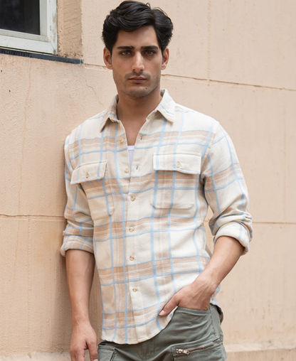 Powerlook Beige Double Pocket Checks Shirt