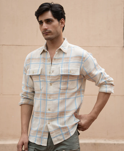 Powerlook Beige Double Pocket Checks Shirt