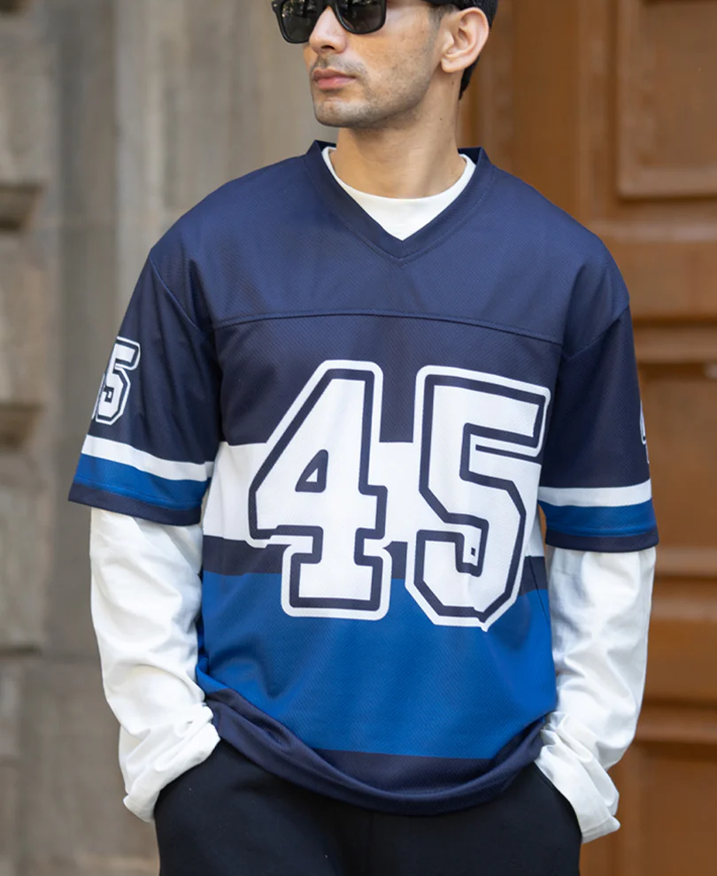 Powerlook Navy Printed Oversized Jersey T-Shirt