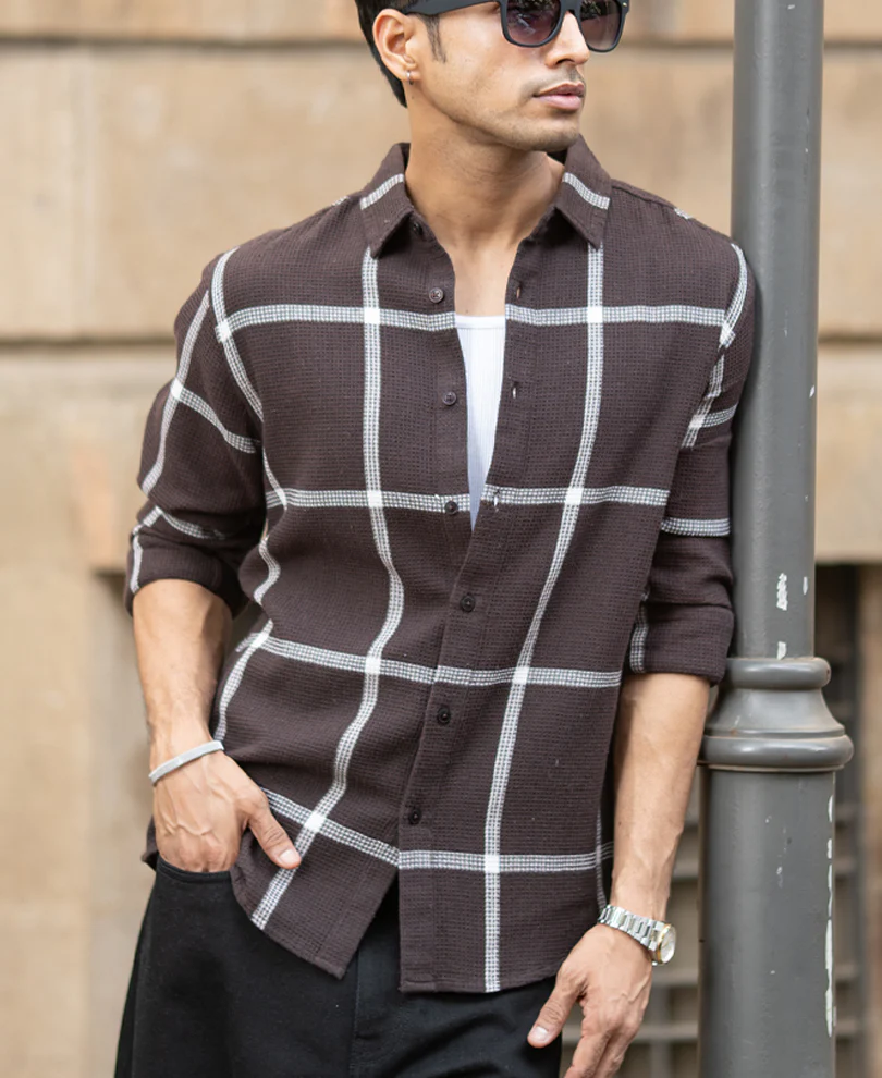 Powerlook Brown Structured Checks Shirt