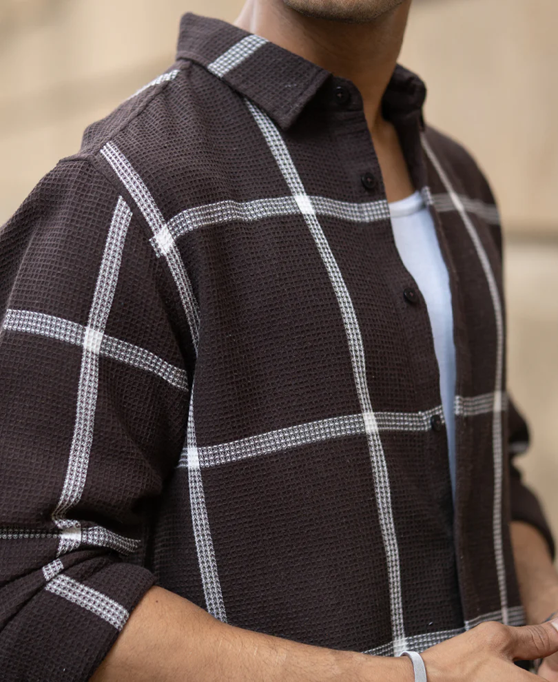 Powerlook Brown Structured Checks Shirt