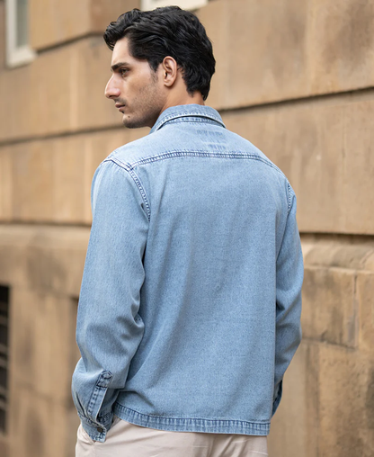 Powerlook Blue Double Pocket Denim Shirt  Cotton