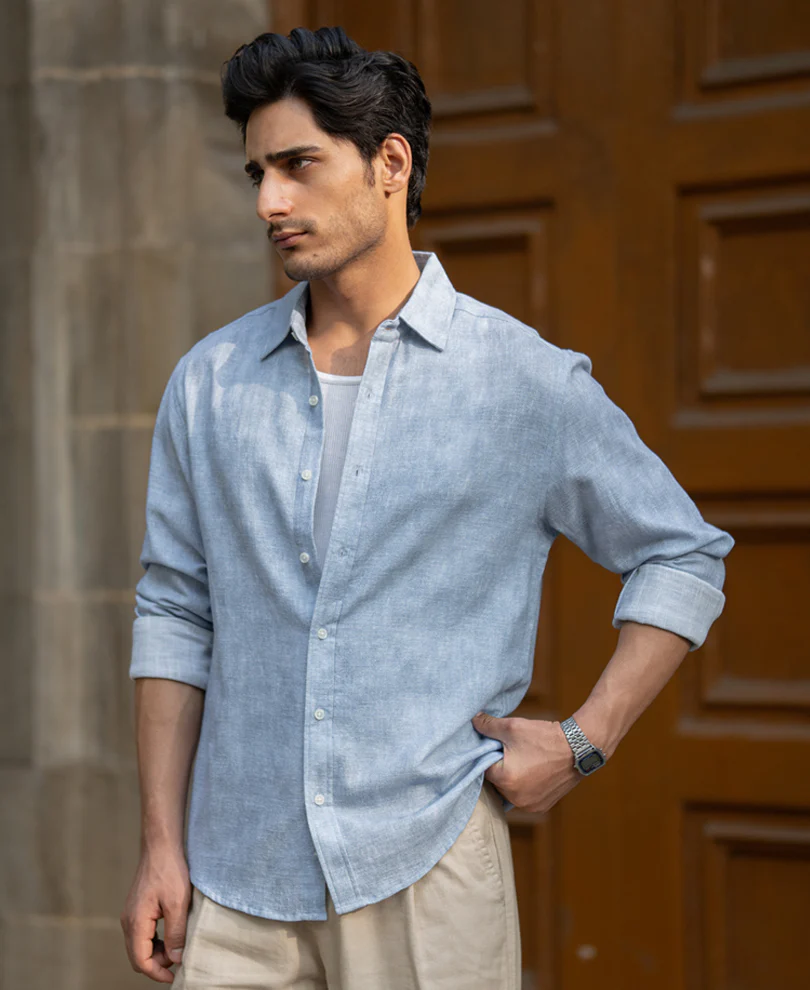 Powerlook Light Blue Slub Shirt  Cotton
