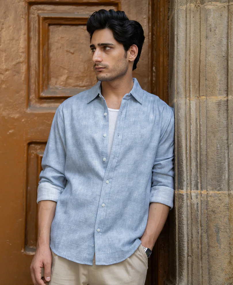 Powerlook Light Blue Cotton Slub Shirt