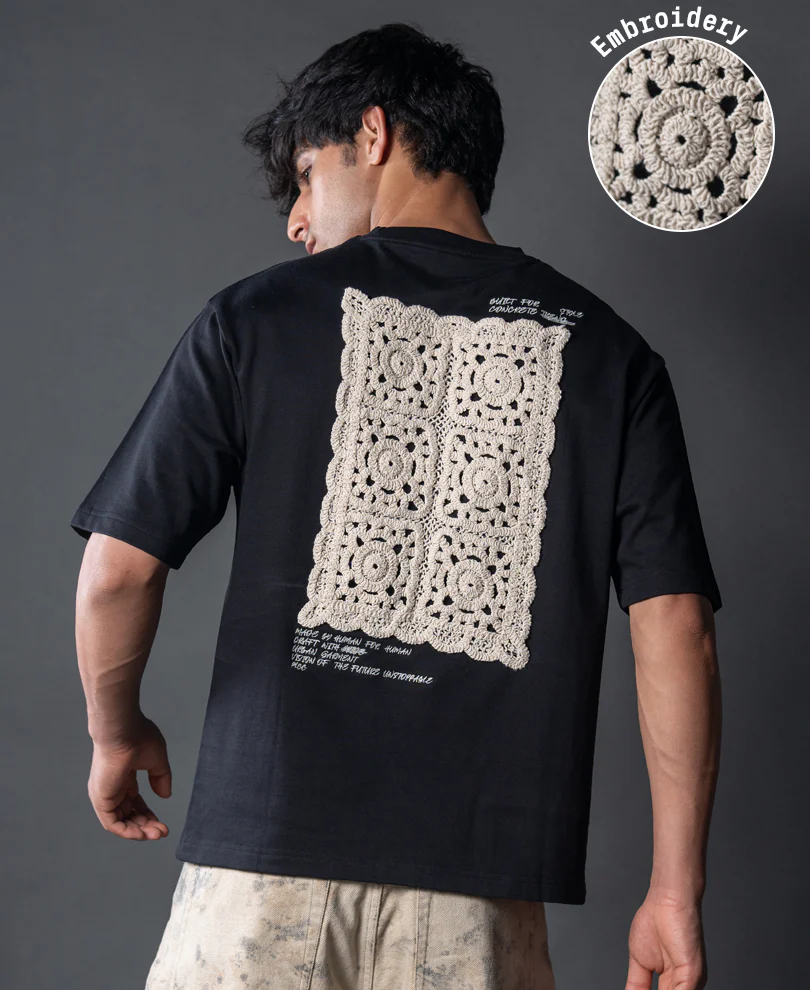 Powerlook Black Crochet Patch Embroidered T-Shirt  Cotton