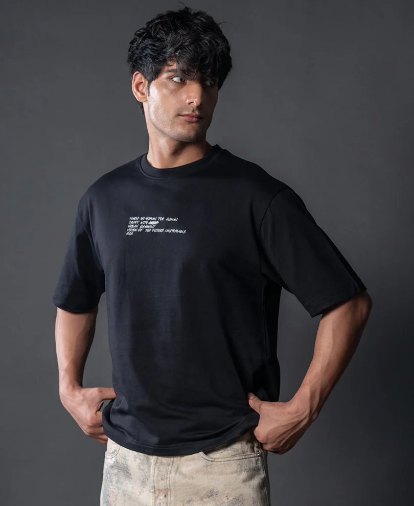 Powerlook Black Crochet Patch Embroidered T-Shirt  Cotton