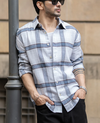 Powerlook Grey Structured Checked Shirt Cotton