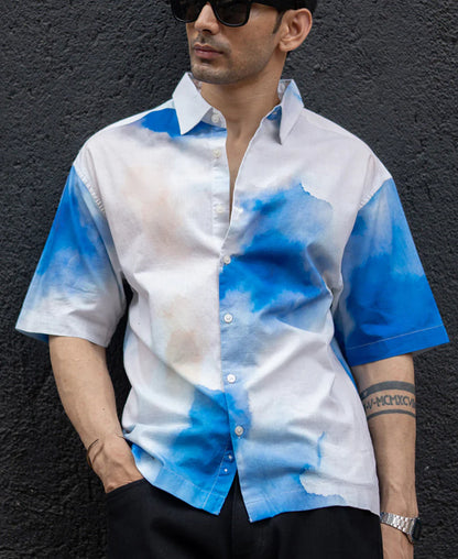Powerlook Blue Tie-Dye Print Cotton Shirt