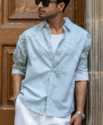 Powerlook Blue Stripe Abstract Print Shirt  Cotton