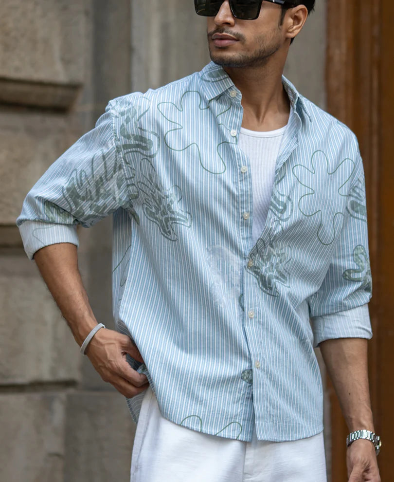 Powerlook Blue Stripe Abstract Print Shirt  Cotton