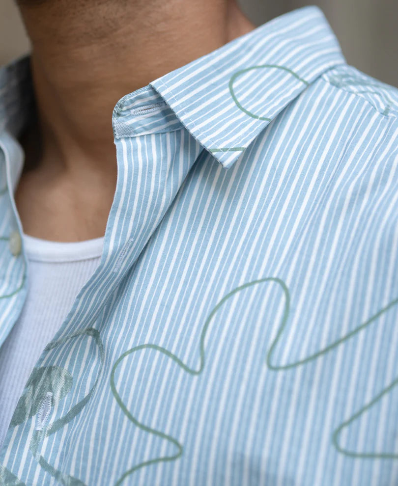Powerlook Blue Stripe Abstract Print Shirt  Cotton