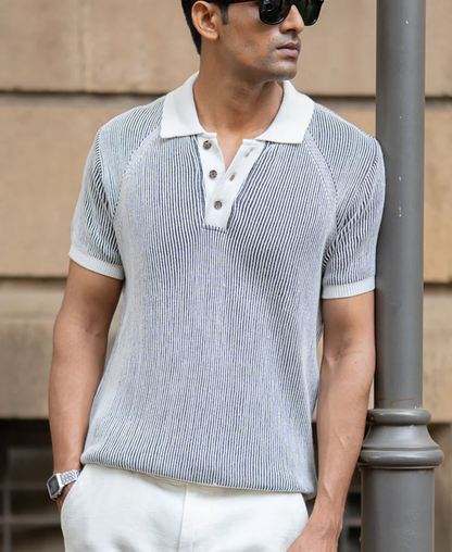 Powerlook Black & White Striped Knit Cotton T-Shirt