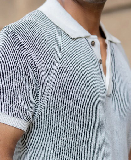 Powerlook Black & White Striped Knit Cotton T-Shirt