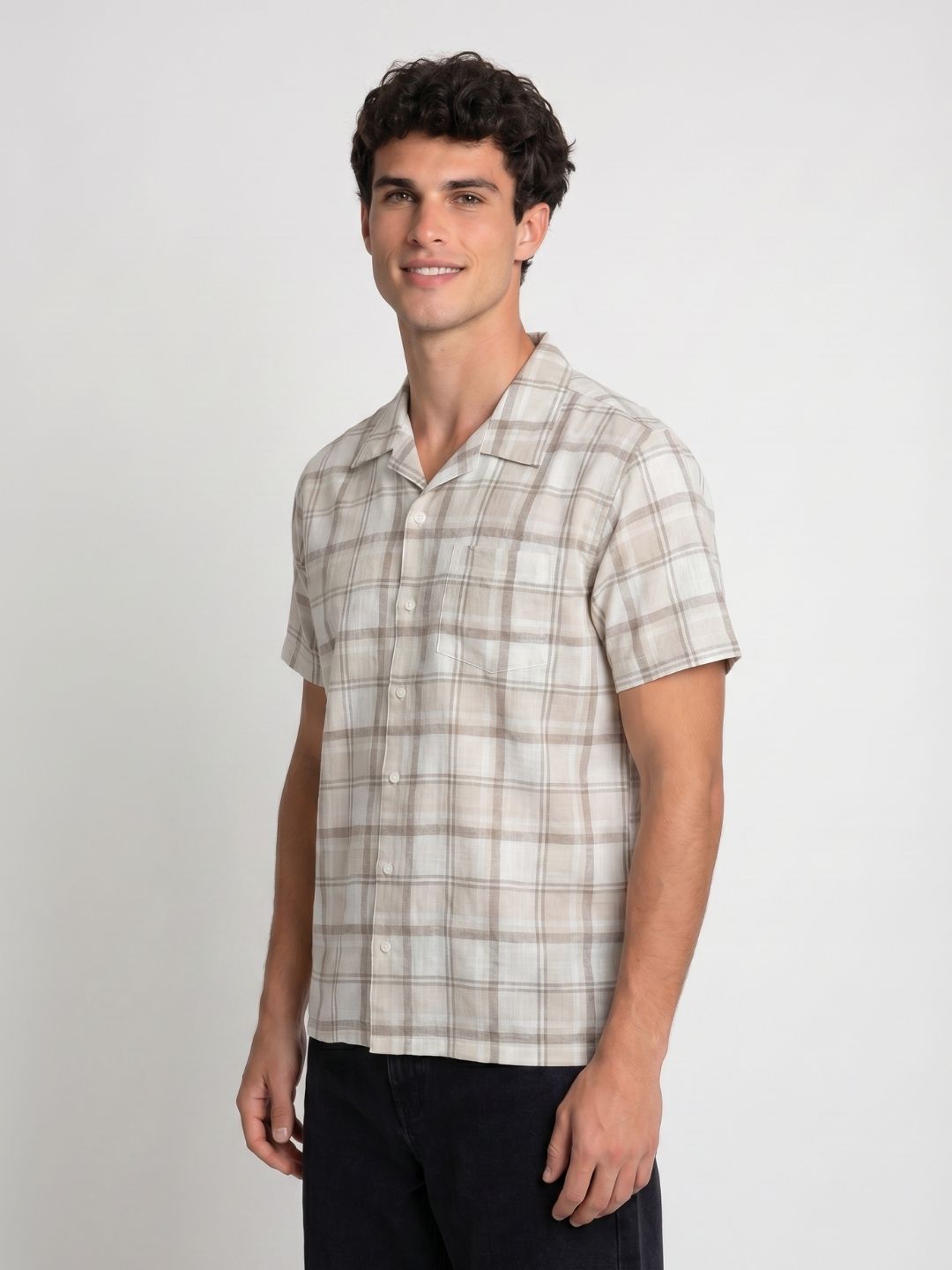 Mokajodi Beige Boxy Fit Checks Casual Shirt