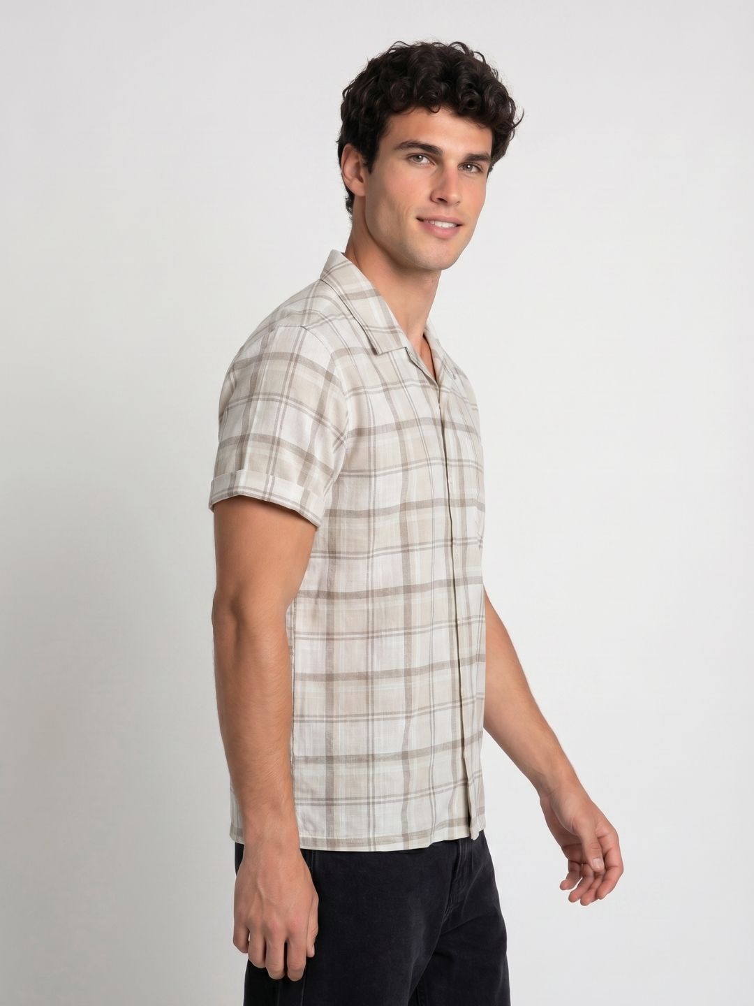 Mokajodi Beige Boxy Fit Checks Casual Shirt