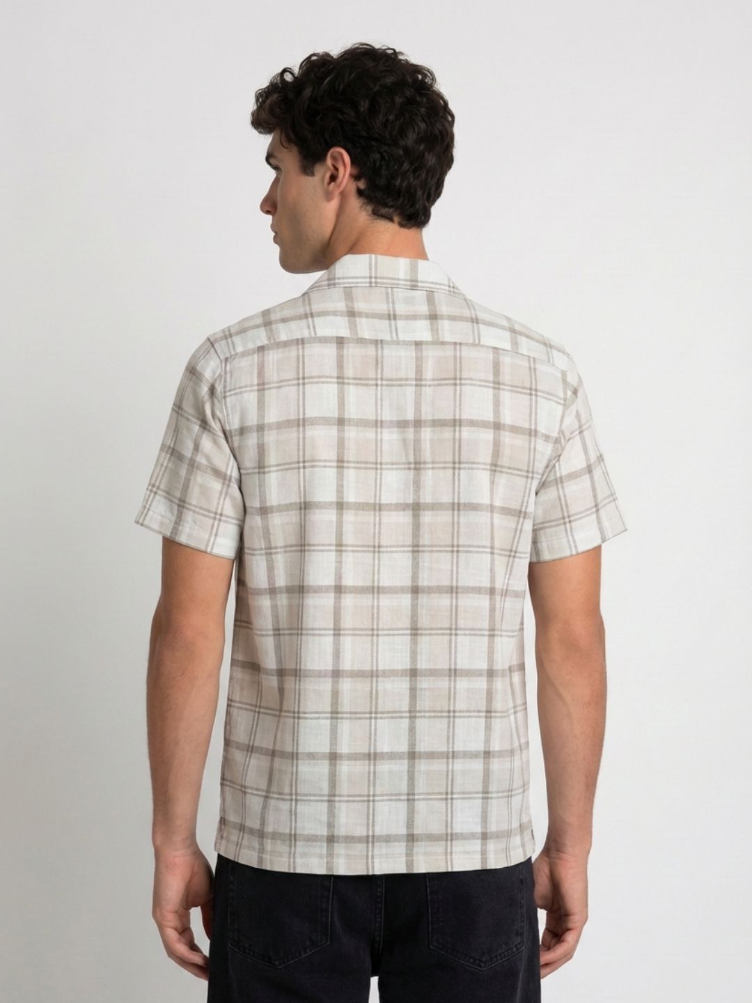 Mokajodi Beige Boxy Fit Checks Casual Shirt
