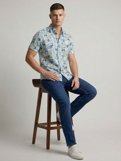 Mokajodi Light Blue Slim Fit Printed Casual Shirt