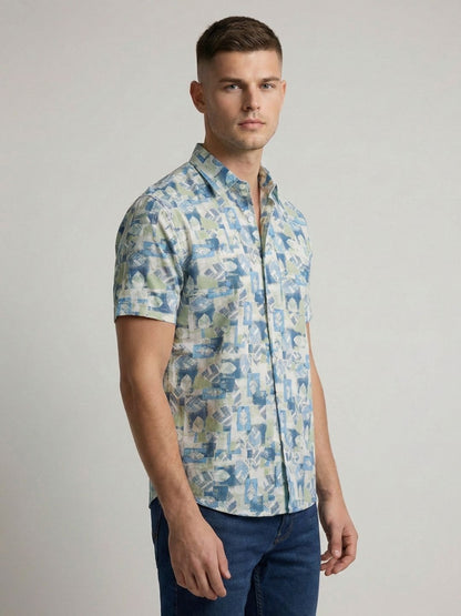 Mokajodi Light Blue Slim Fit Printed Casual Shirt