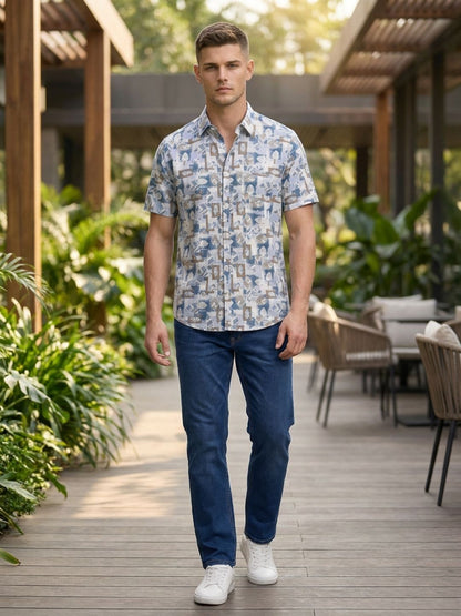 Mokajodi Blue Slim Fit Printed Casual Shirt
