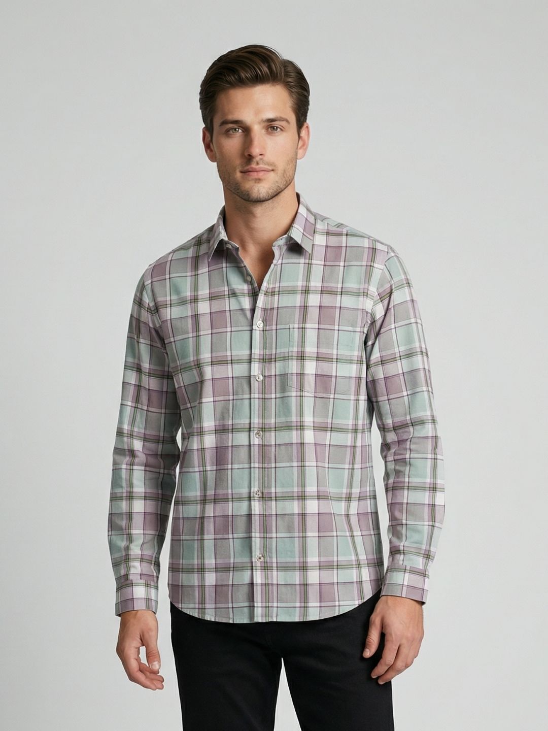 Mokajodi Mint Green Slim Fit Checks Casual Shirt