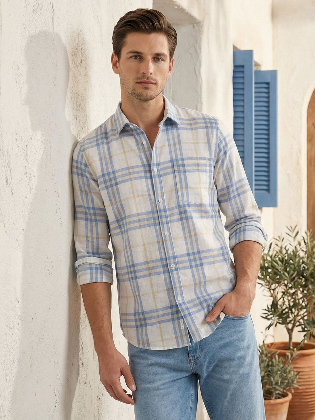 Mokajodi Blue Slim Fit Checks Casual Shirt