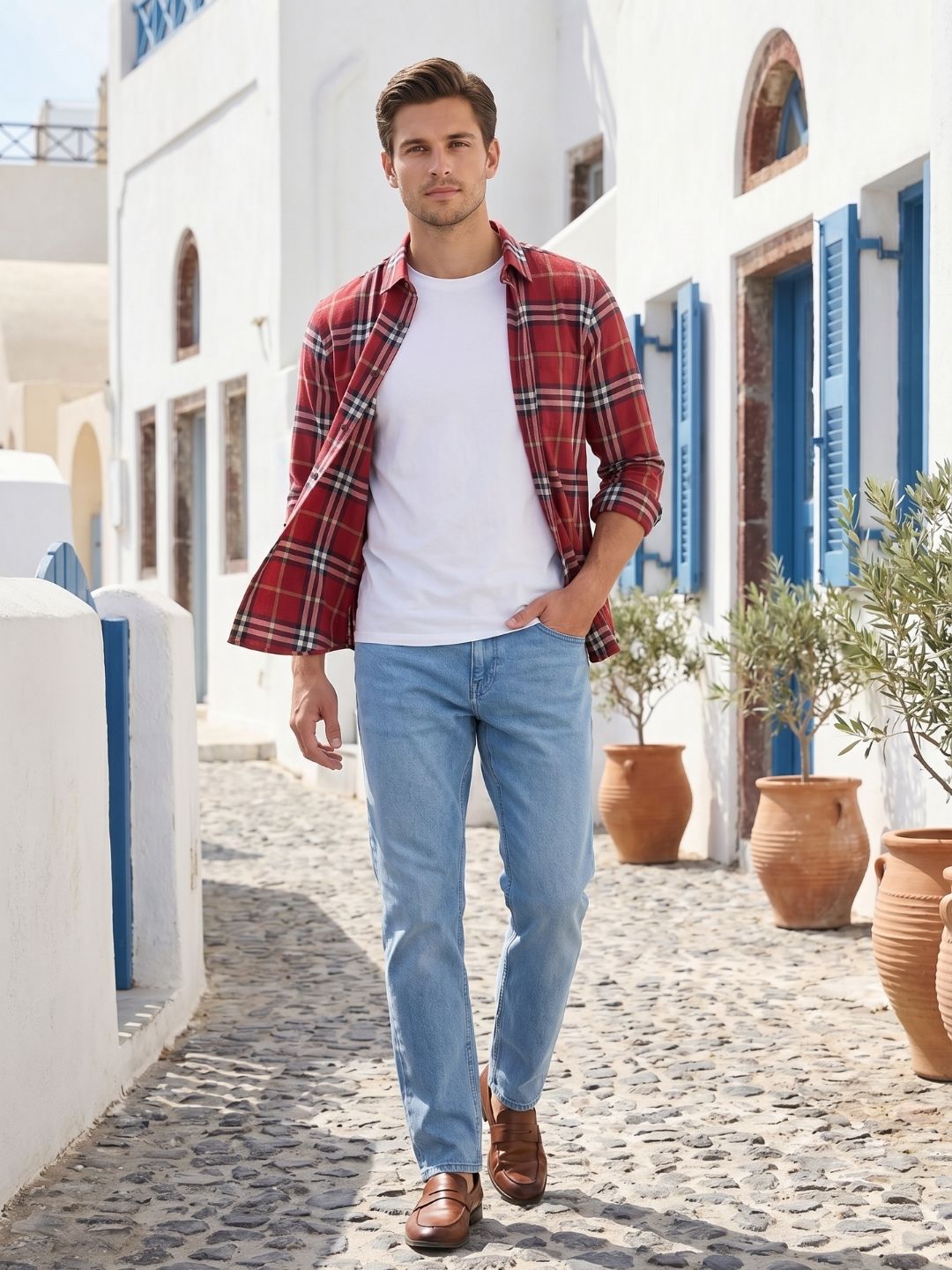 Mokajodi Red Slim Fit Checks Casual Shirt