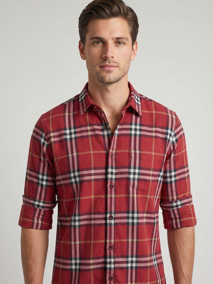 Mokajodi Red Slim Fit Checks Casual Shirt