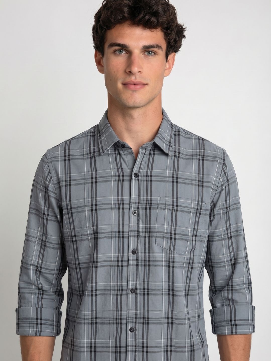 Mokajodi Grey Slim Fit Checks Casual Shirt