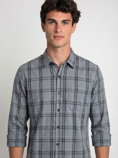 Mokajodi Grey Slim Fit Checks Casual Shirt