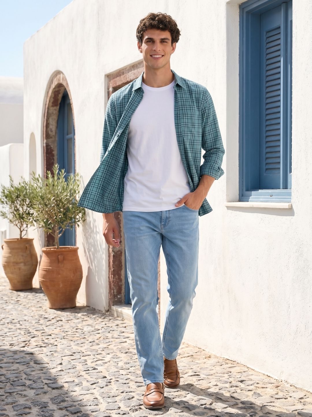 Mokajodi Teal Slim Fit Checks Casual Shirt