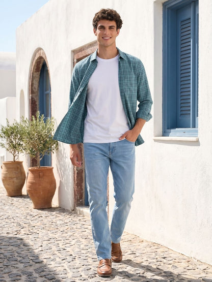 Mokajodi Teal Slim Fit Checks Casual Shirt