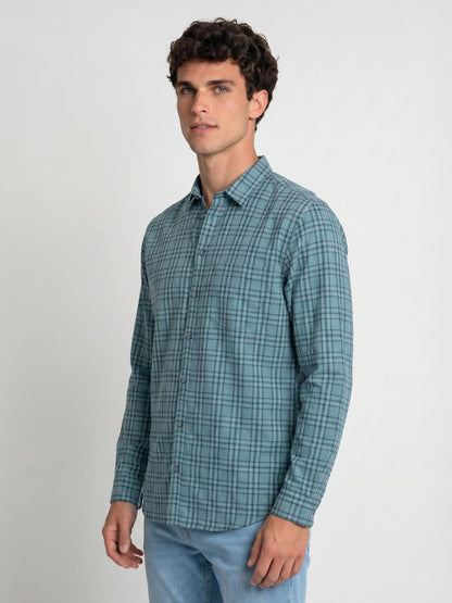 Mokajodi Teal Slim Fit Checks Casual Shirt