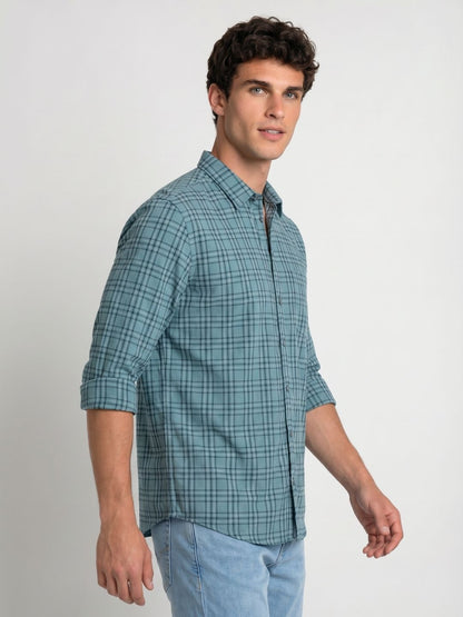 Mokajodi Teal Slim Fit Checks Casual Shirt