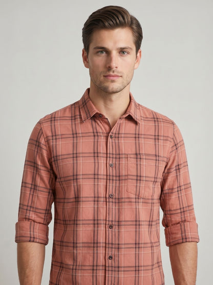 Mokajodi Orange Slim Fit Checks Casual Shirt