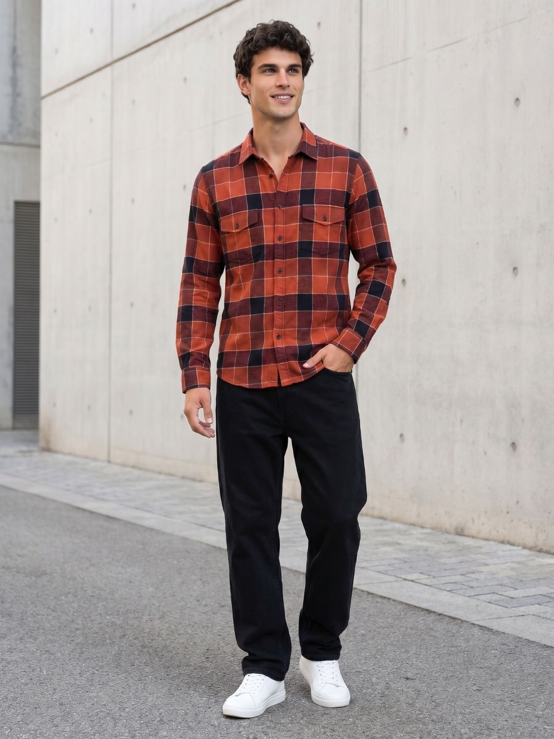 Mokajodi Orange Slim Fit Checks Casual Shirt