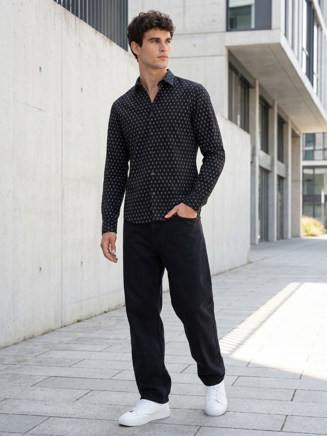 Mokajodi Navy Blue Slim Fit Printed Casual Shirt