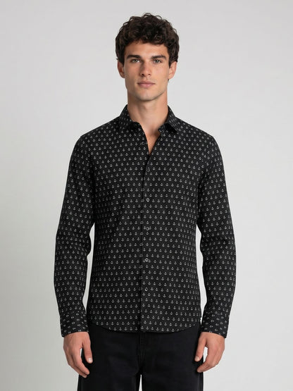 Mokajodi Navy Blue Slim Fit Printed Casual Shirt