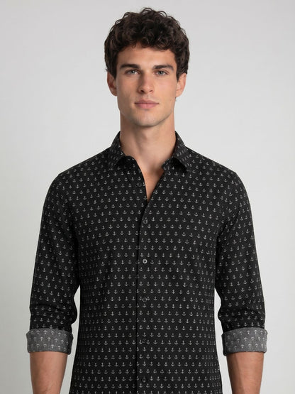 Mokajodi Navy Blue Slim Fit Printed Casual Shirt
