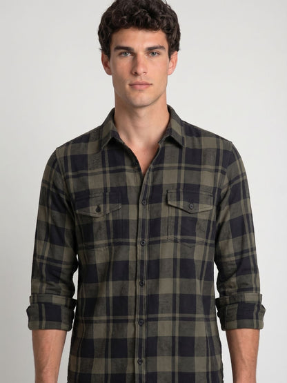 Mokajodi Dark Green Slim Fit Checks Casual Shirt