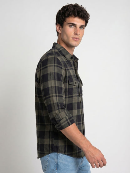 Mokajodi Dark Green Slim Fit Checks Casual Shirt