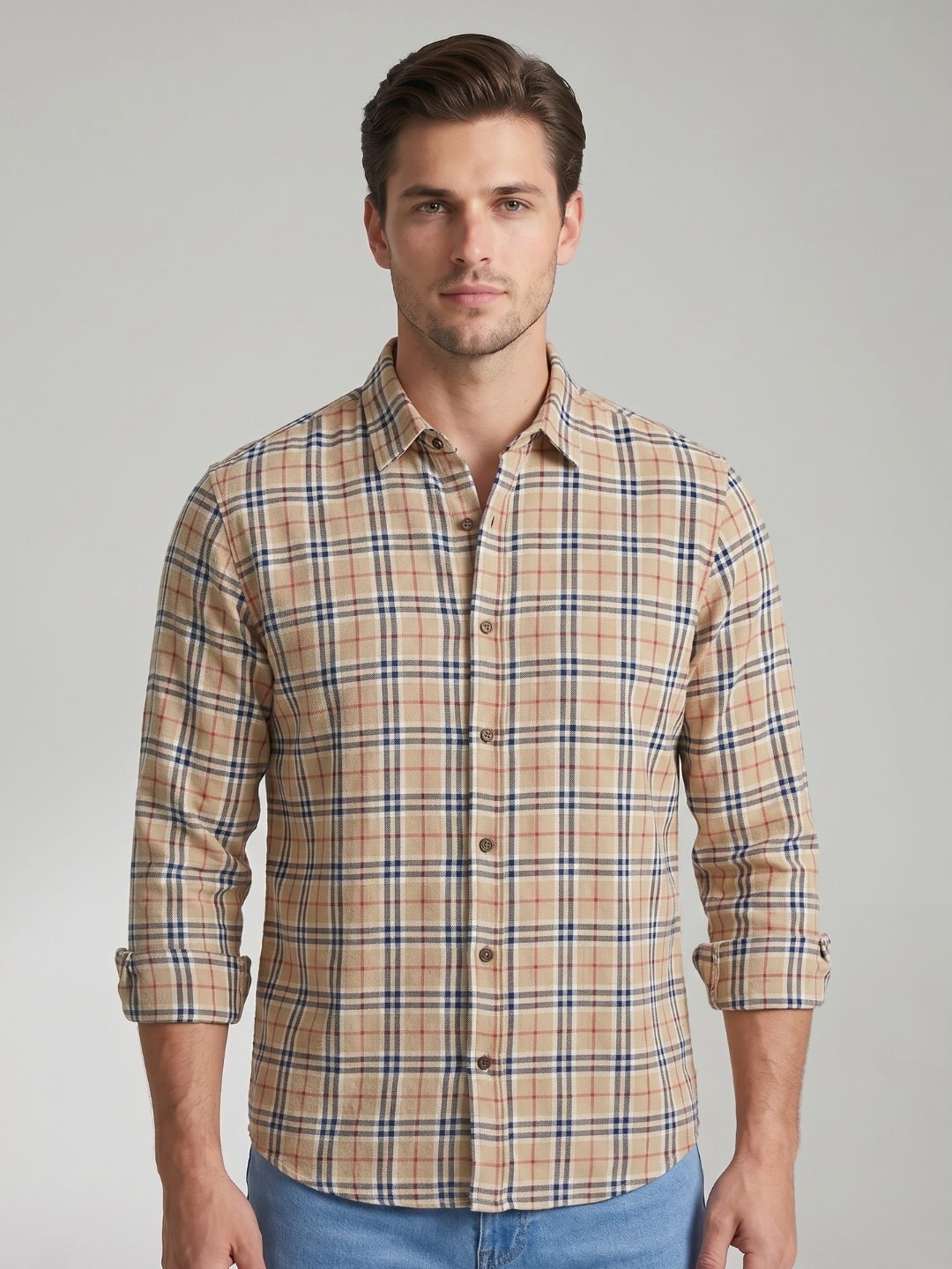 Mokajodi Cream Slim Fit Checks Casual Shirt