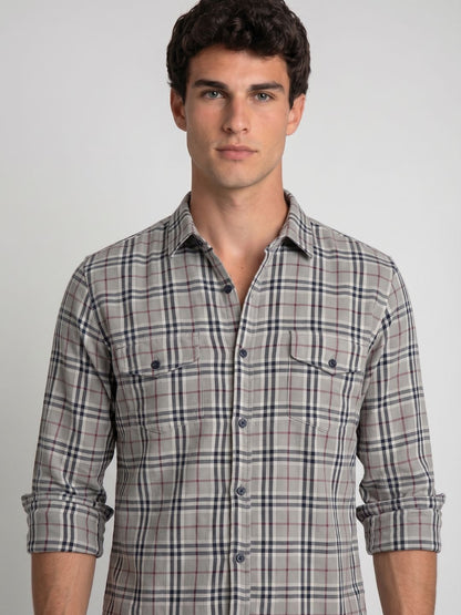 Mokajodi Grey Slim Fit Checks Casual Shirt