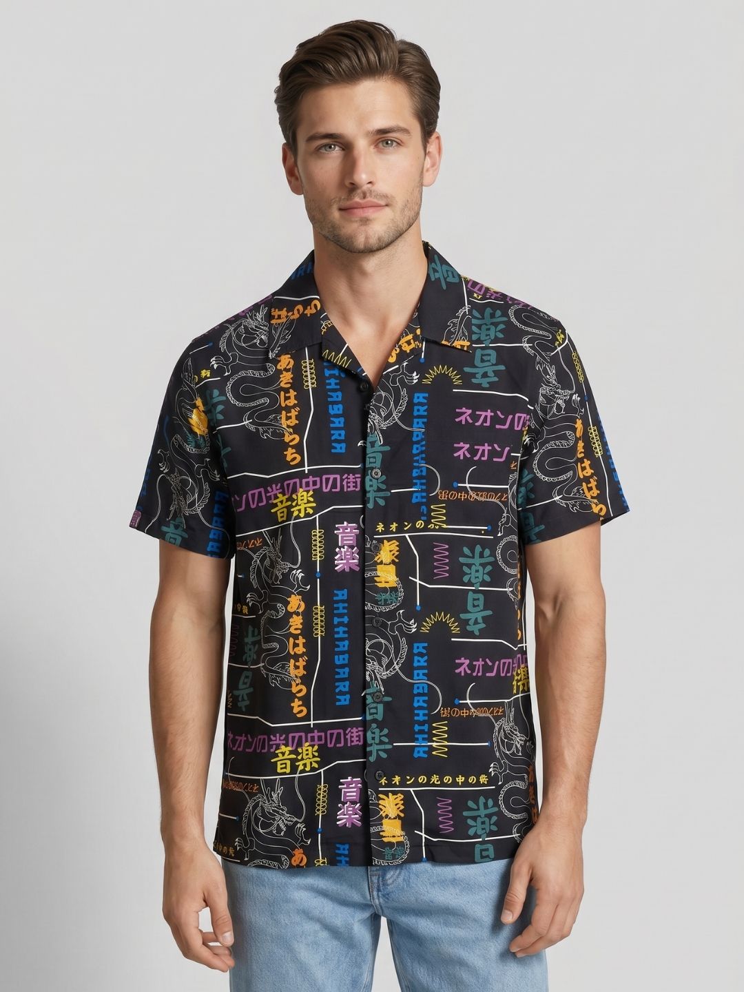Mokajodi Black Boxy Fit Printed Casual Shirt