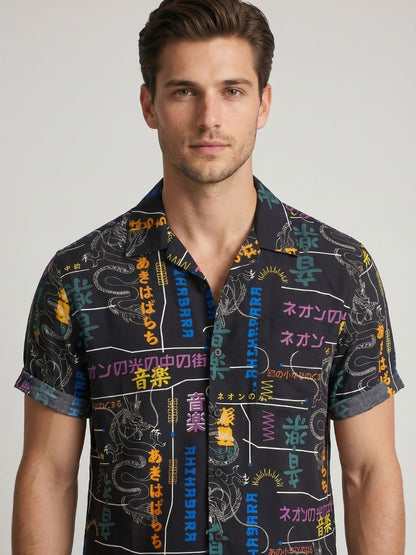 Mokajodi Black Boxy Fit Printed Casual Shirt