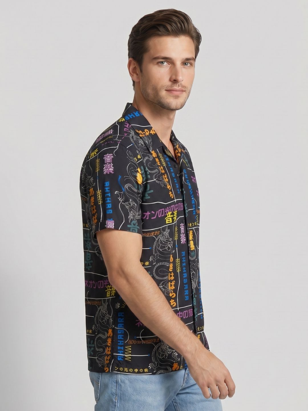 Mokajodi Black Boxy Fit Printed Casual Shirt