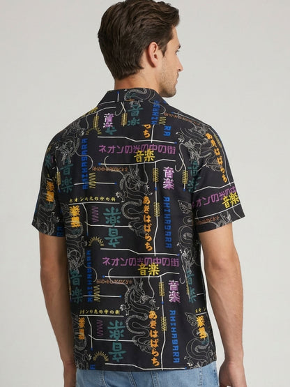 Mokajodi Black Boxy Fit Printed Casual Shirt