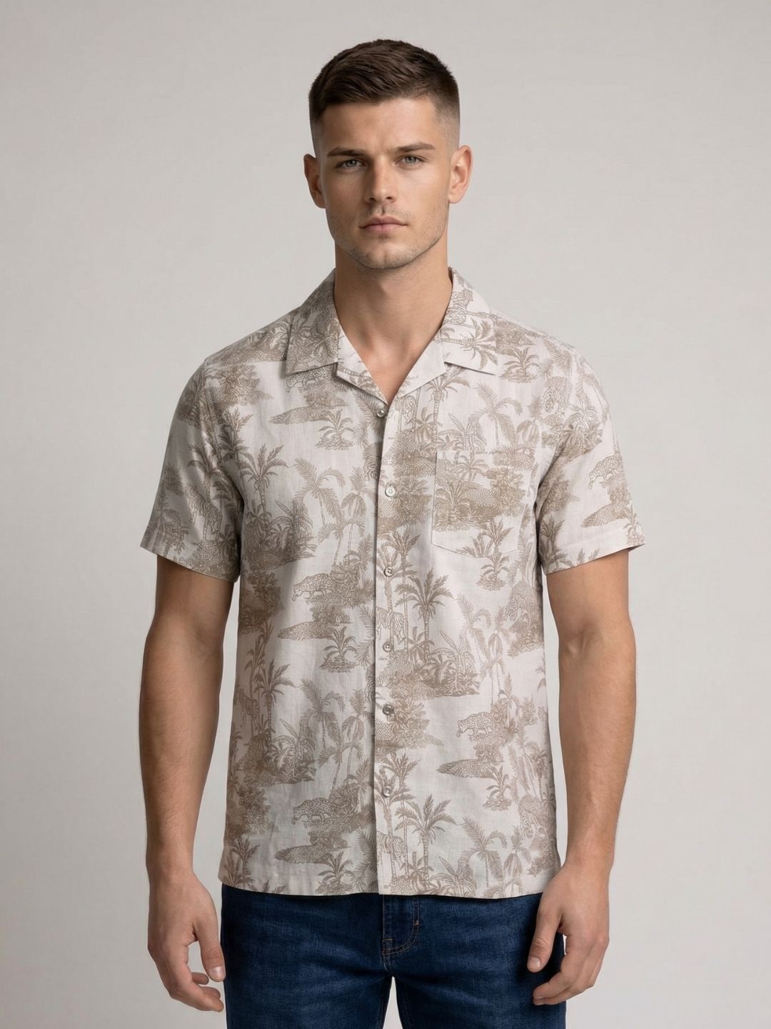 Mokajodi Beige Boxy Fit Printed Casual Shirt