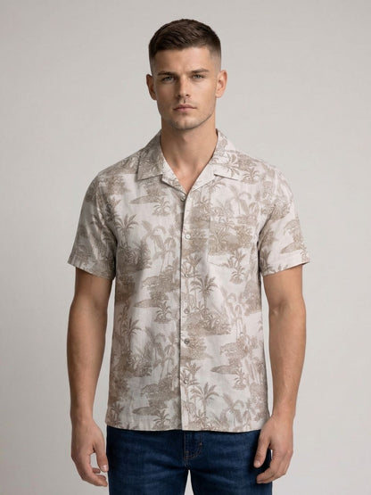 Mokajodi Beige Boxy Fit Printed Casual Shirt